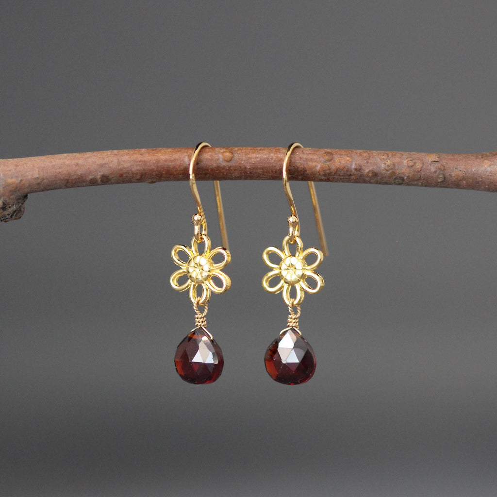 Garnet Quartz Teardrop and Gold Vermeil Flower Link Dangle Earrings