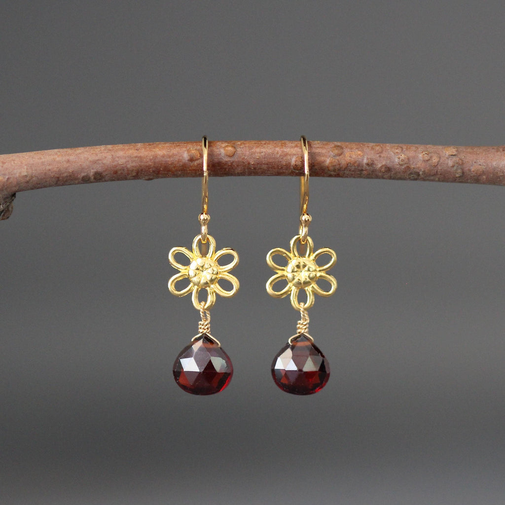 Garnet Quartz Teardrop and Gold Vermeil Flower Link Dangle Earrings