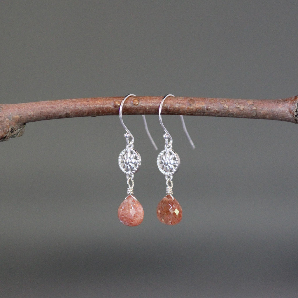 Sunstone Teardrop Dangle Earrings on Bali Silver Flower Links
