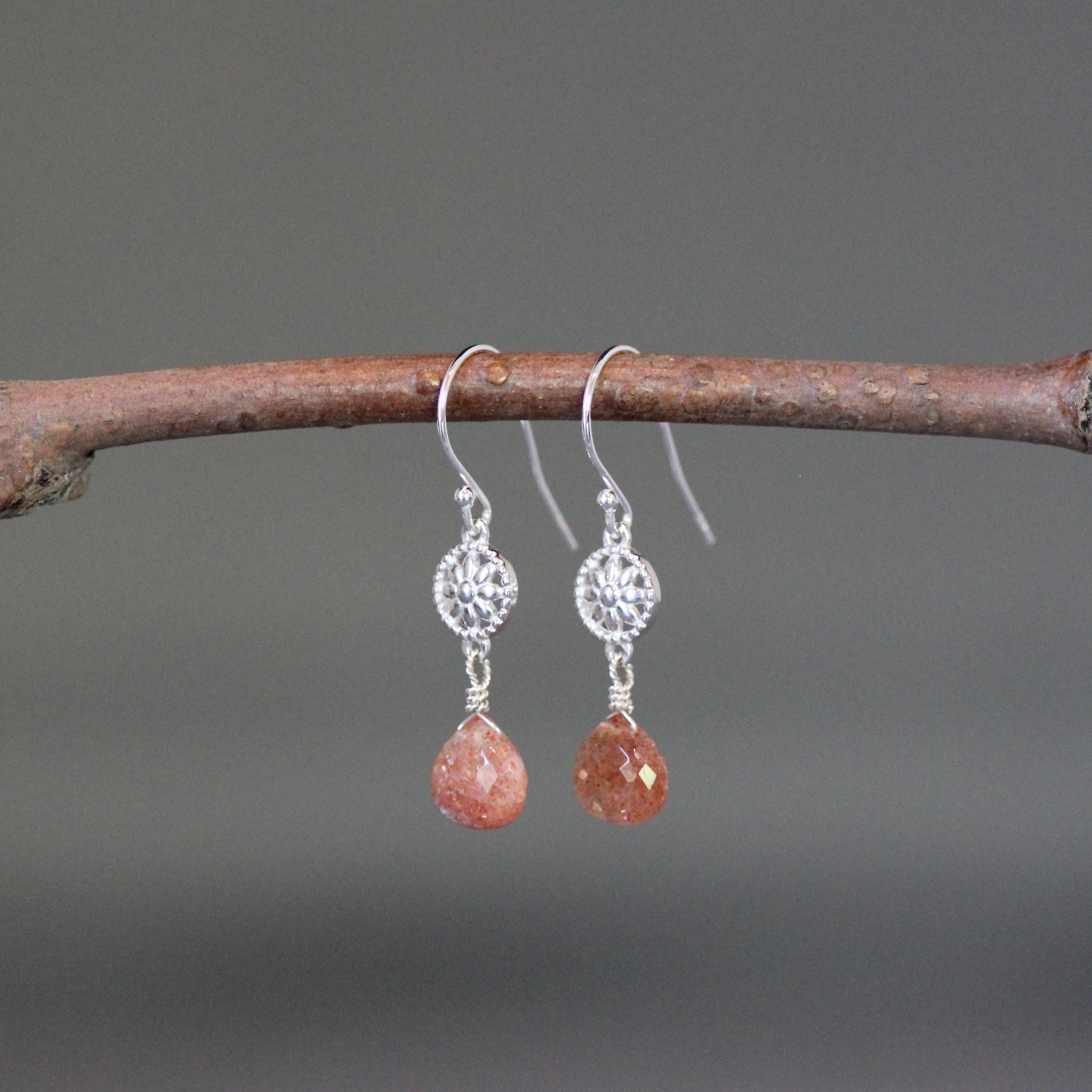 Sunstone Teardrop Dangle Earrings on Bali Silver Flower Links