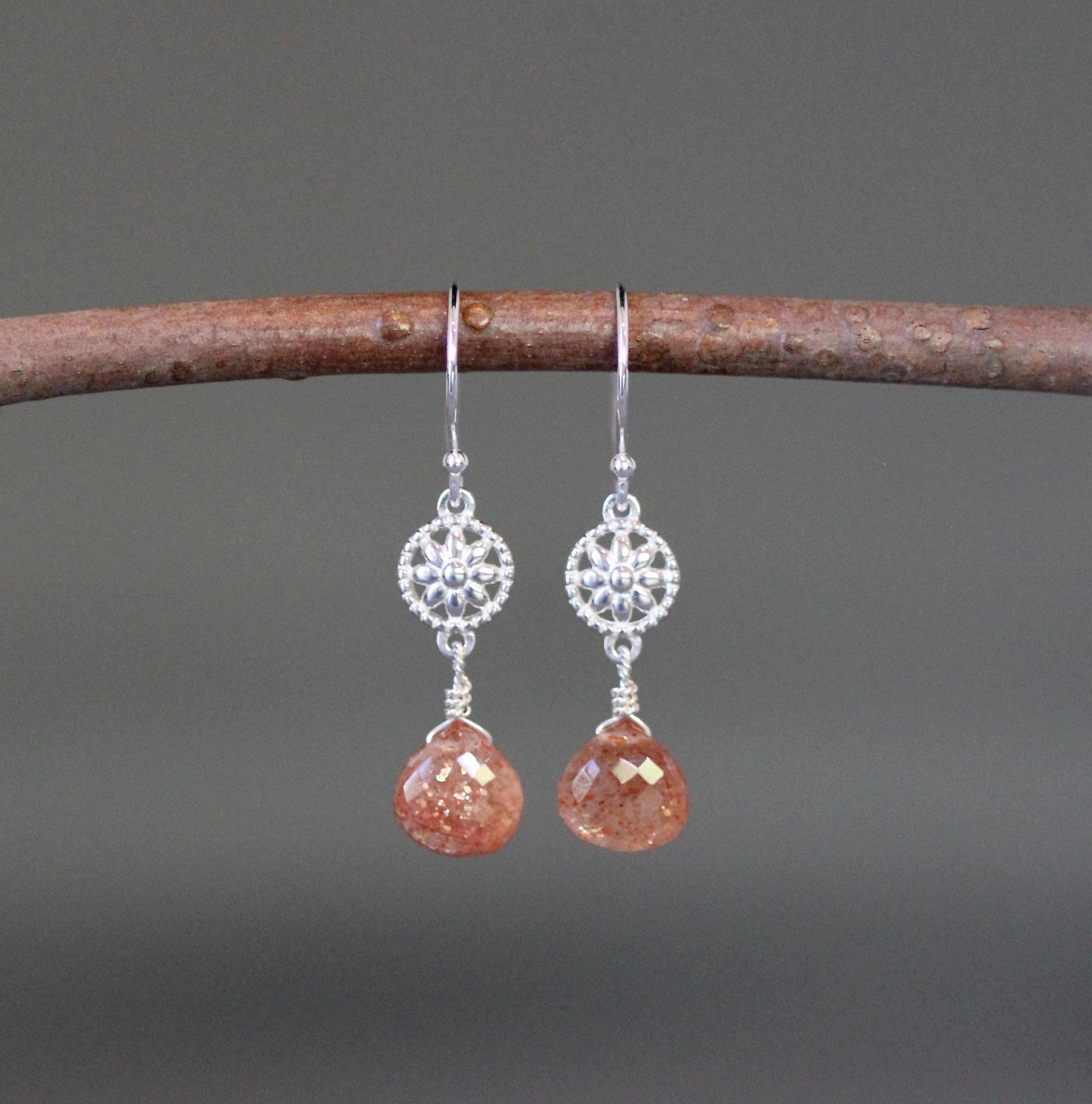 Sunstone Teardrop Dangle Earrings on Bali Silver Flower Links