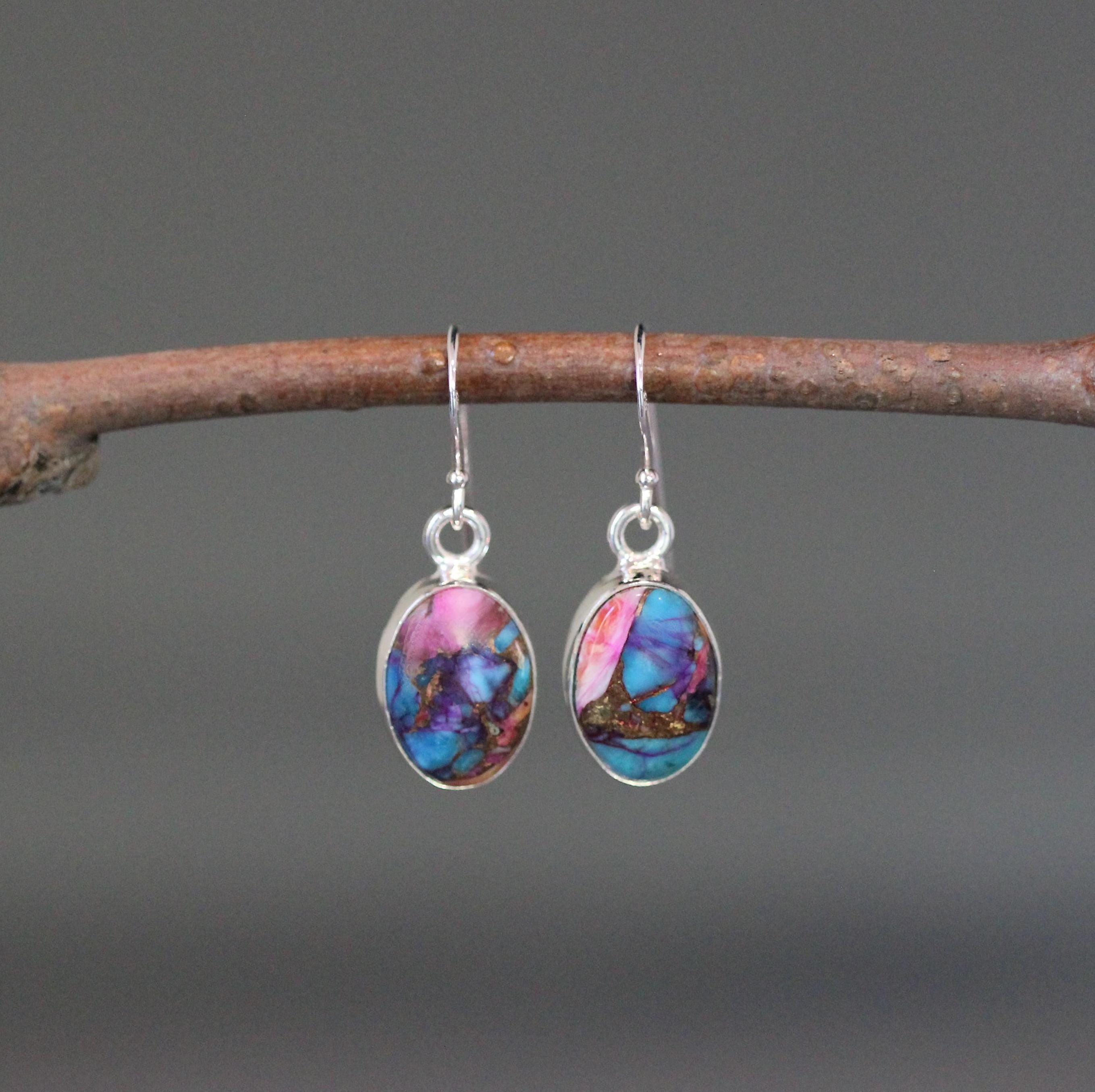 Mojave Copper Turquoise Oval Cabochon Earrings in Sterling Silver Bezels