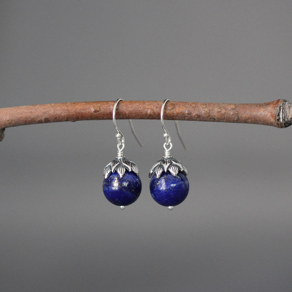 Lapis Lazuli and Bali Sterling Silver Dangle Earrings with Silver Caps