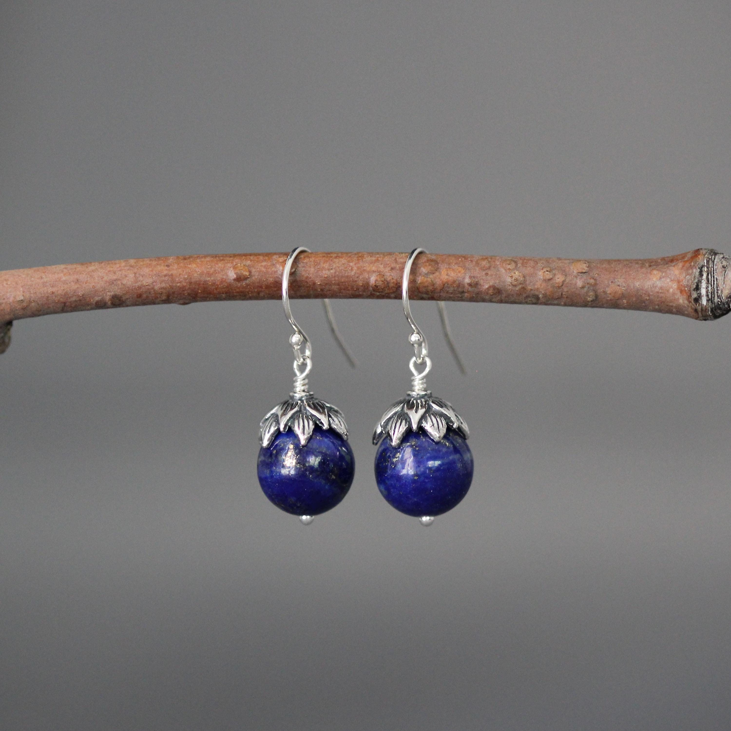 Lapis Lazuli and Bali Sterling Silver Dangle Earrings with Silver Caps