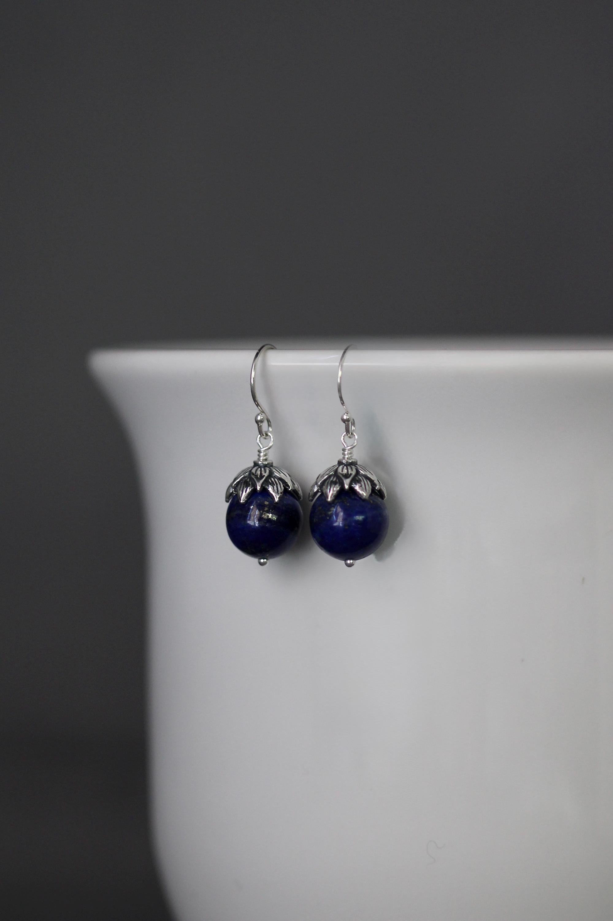 Lapis Lazuli and Bali Sterling Silver Dangle Earrings with Silver Caps