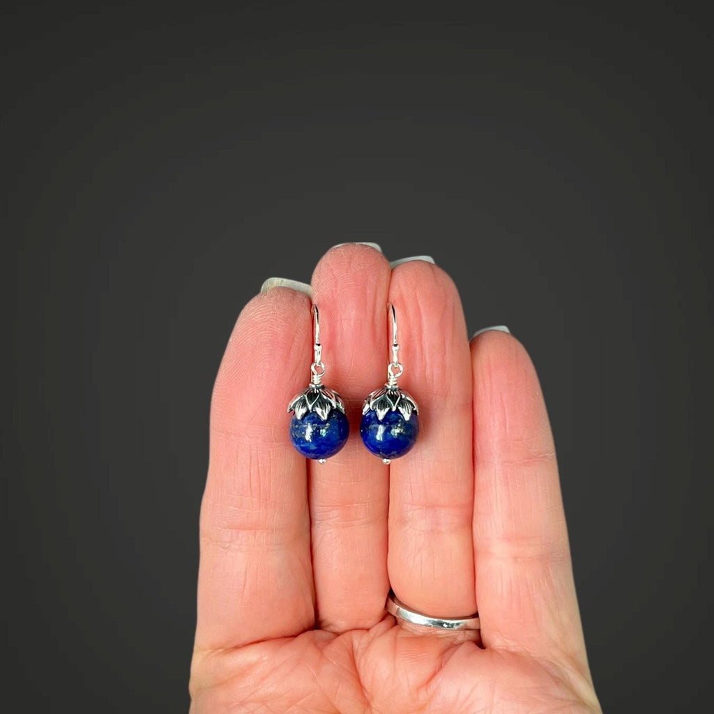 Lapis Lazuli and Bali Sterling Silver Dangle Earrings with Silver Caps