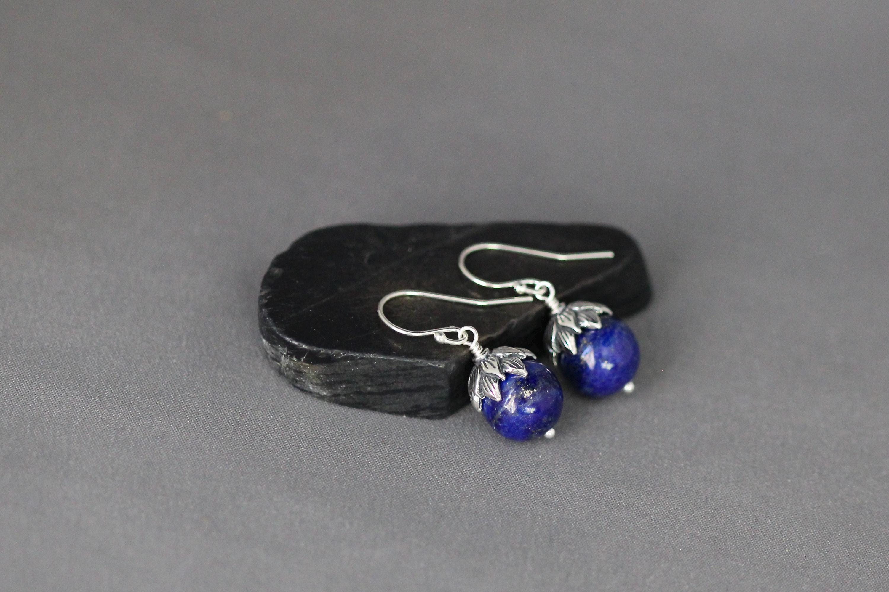 Lapis Lazuli and Bali Sterling Silver Dangle Earrings with Silver Caps