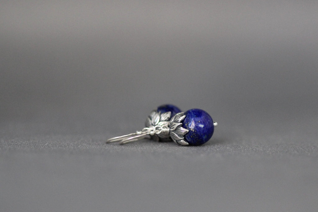 Lapis Lazuli and Bali Sterling Silver Dangle Earrings with Silver Caps