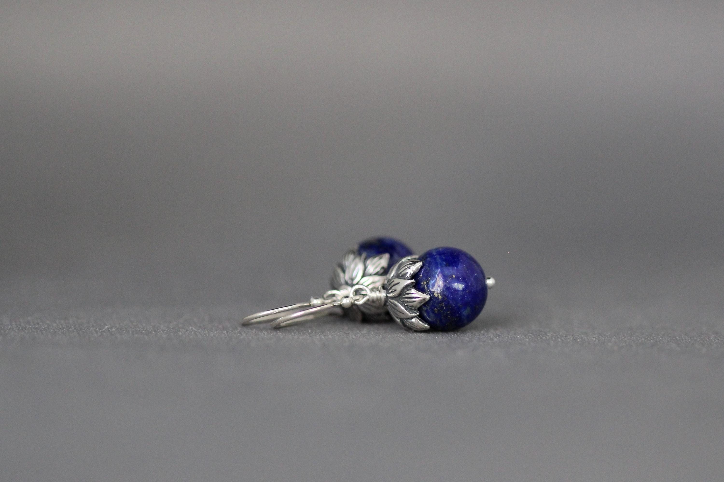 Lapis Lazuli and Bali Sterling Silver Dangle Earrings with Silver Caps