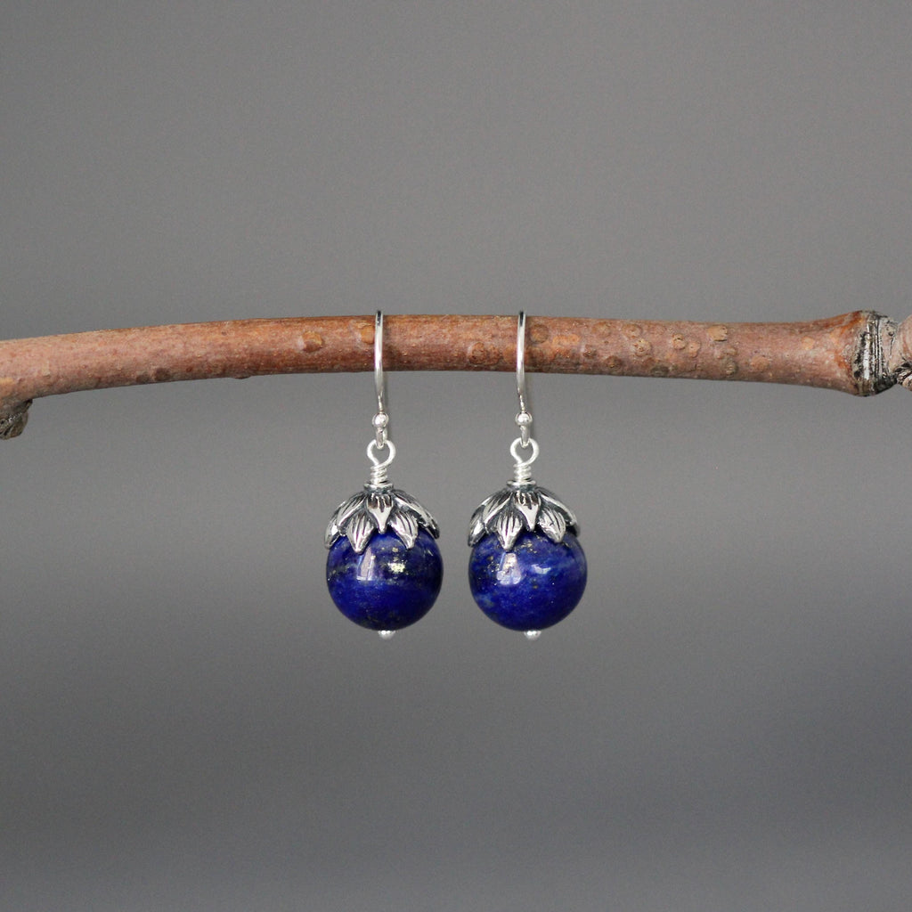 Lapis Lazuli and Bali Sterling Silver Dangle Earrings with Silver Caps