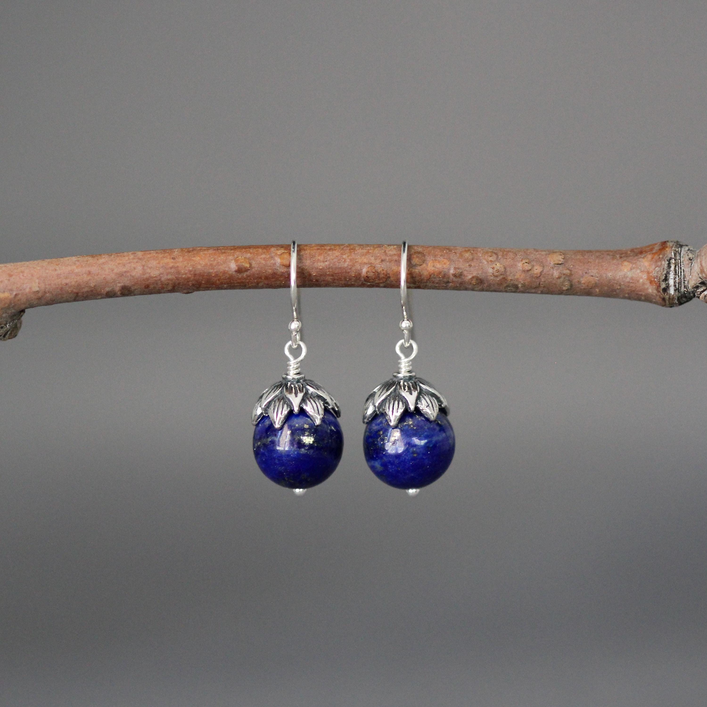 Lapis Lazuli and Bali Sterling Silver Dangle Earrings with Silver Caps