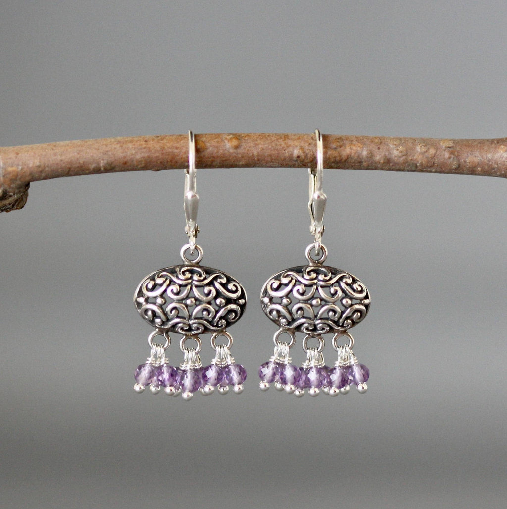 Amethyst and Bali Silver Filigree Chandelier Earrings