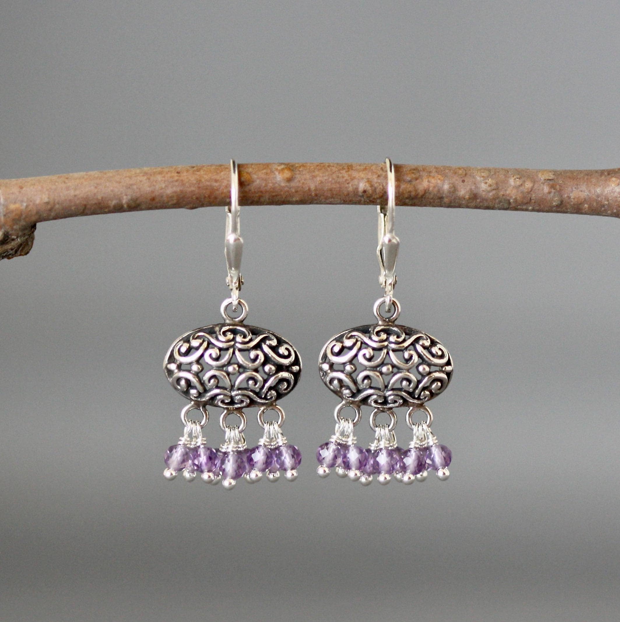 Amethyst and Bali Silver Filigree Chandelier Earrings