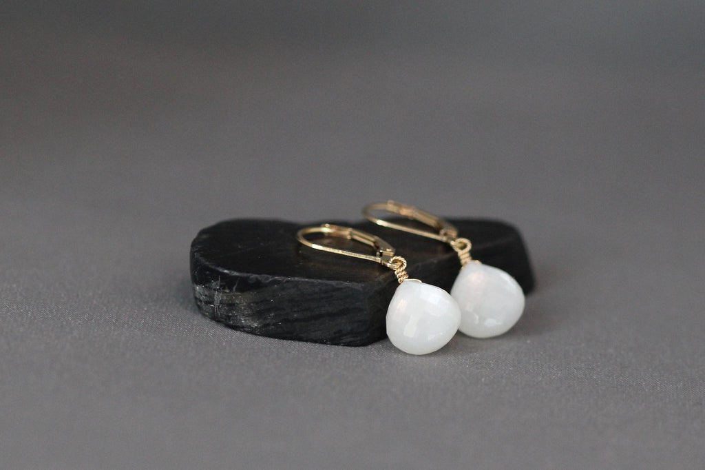White Moonstone Teardrop Earrings on Gold Filled Leverbacks