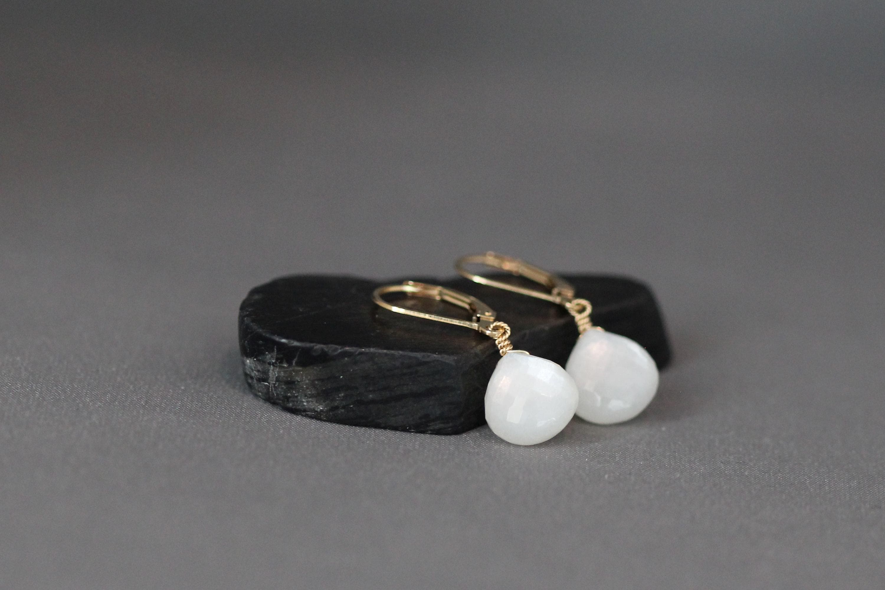 White Moonstone Teardrop Earrings on Gold Filled Leverbacks