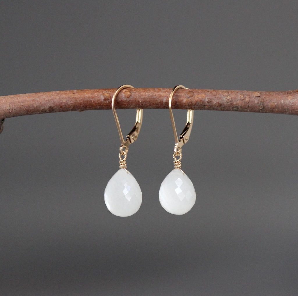 White Moonstone Teardrop Earrings on Gold Filled Leverbacks