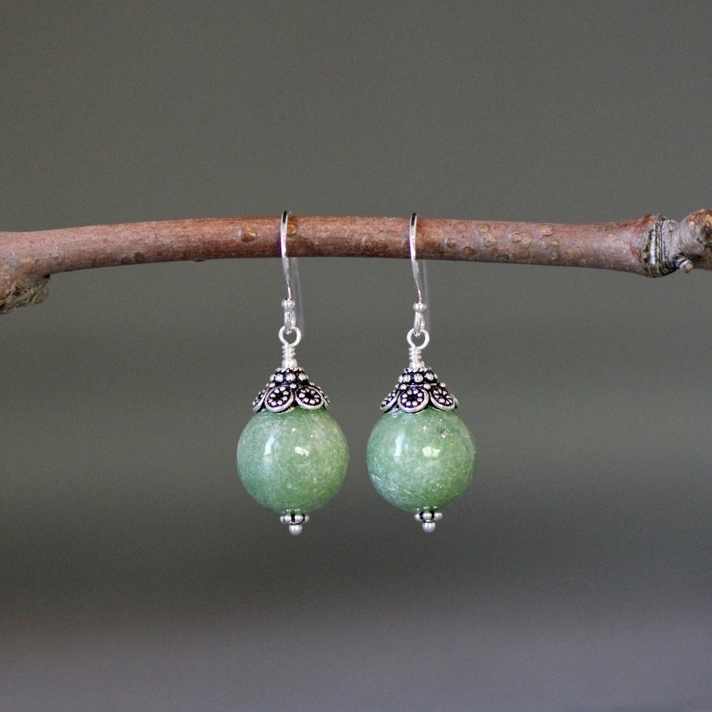 Green Jade Round Stone Dangle Earrings with Sterling Silver Caps