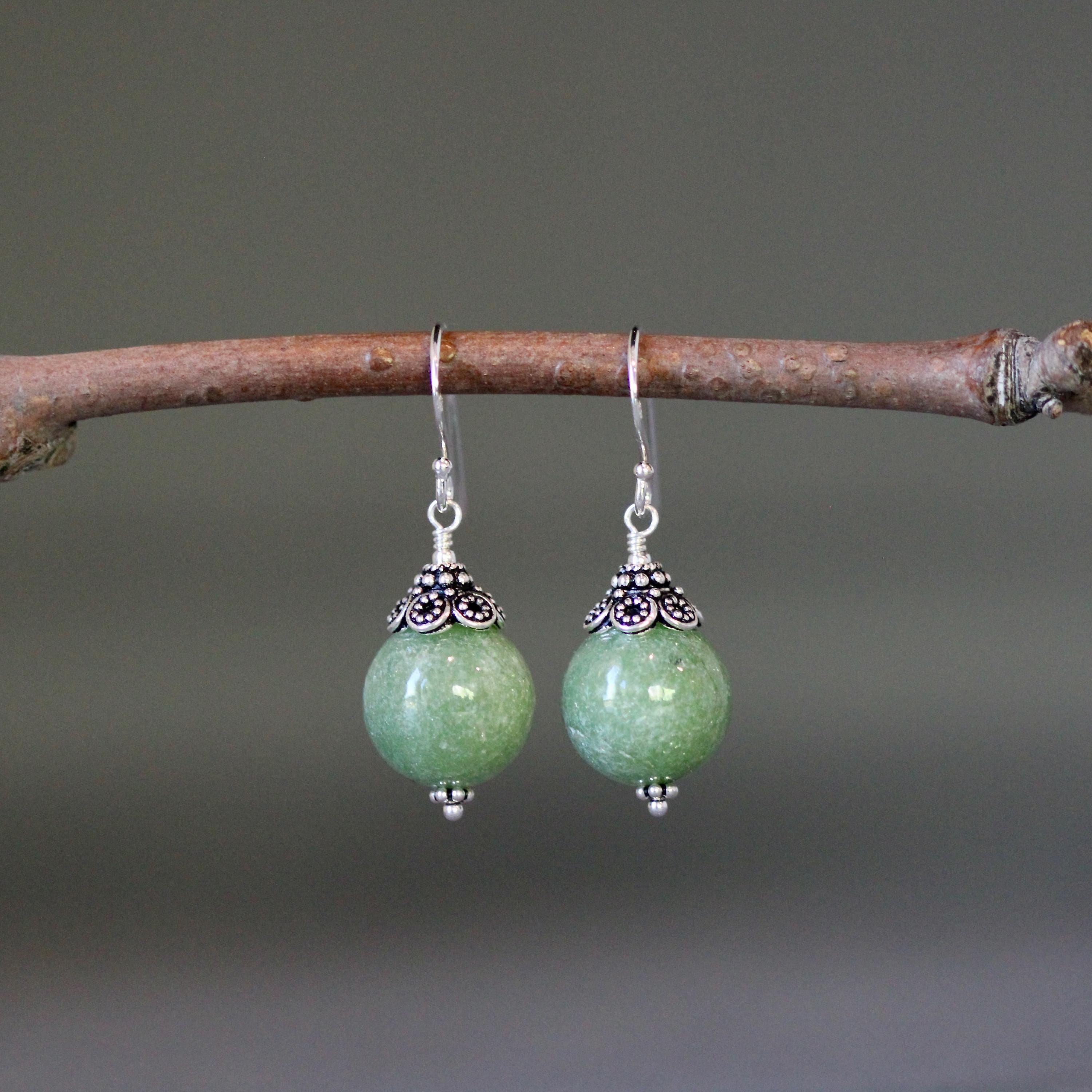Green Jade Round Stone Dangle Earrings with Sterling Silver Caps