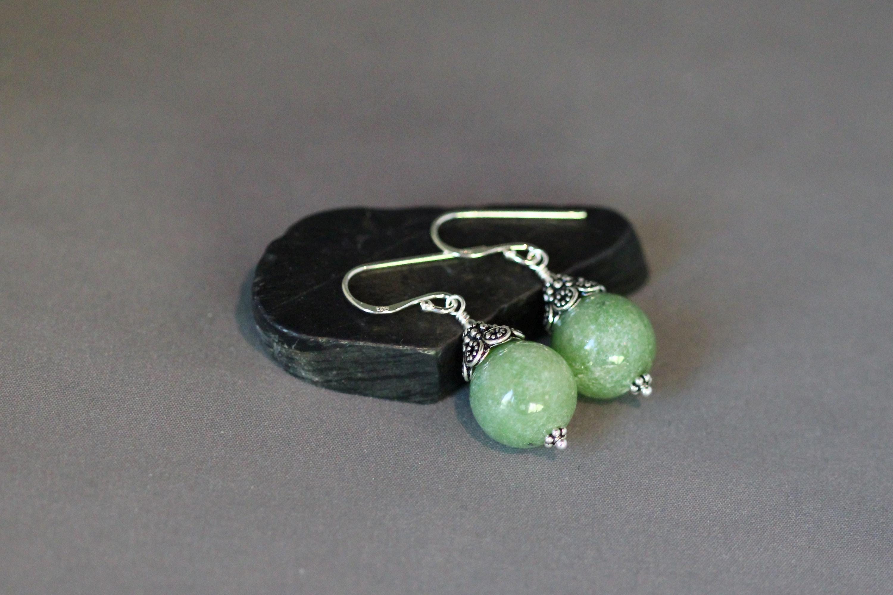 Green Jade Round Stone Dangle Earrings with Sterling Silver Caps