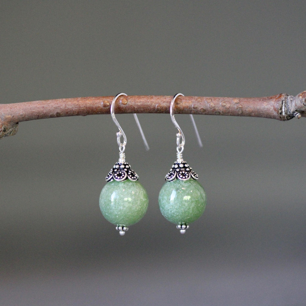 Green Jade Round Stone Dangle Earrings with Sterling Silver Caps
