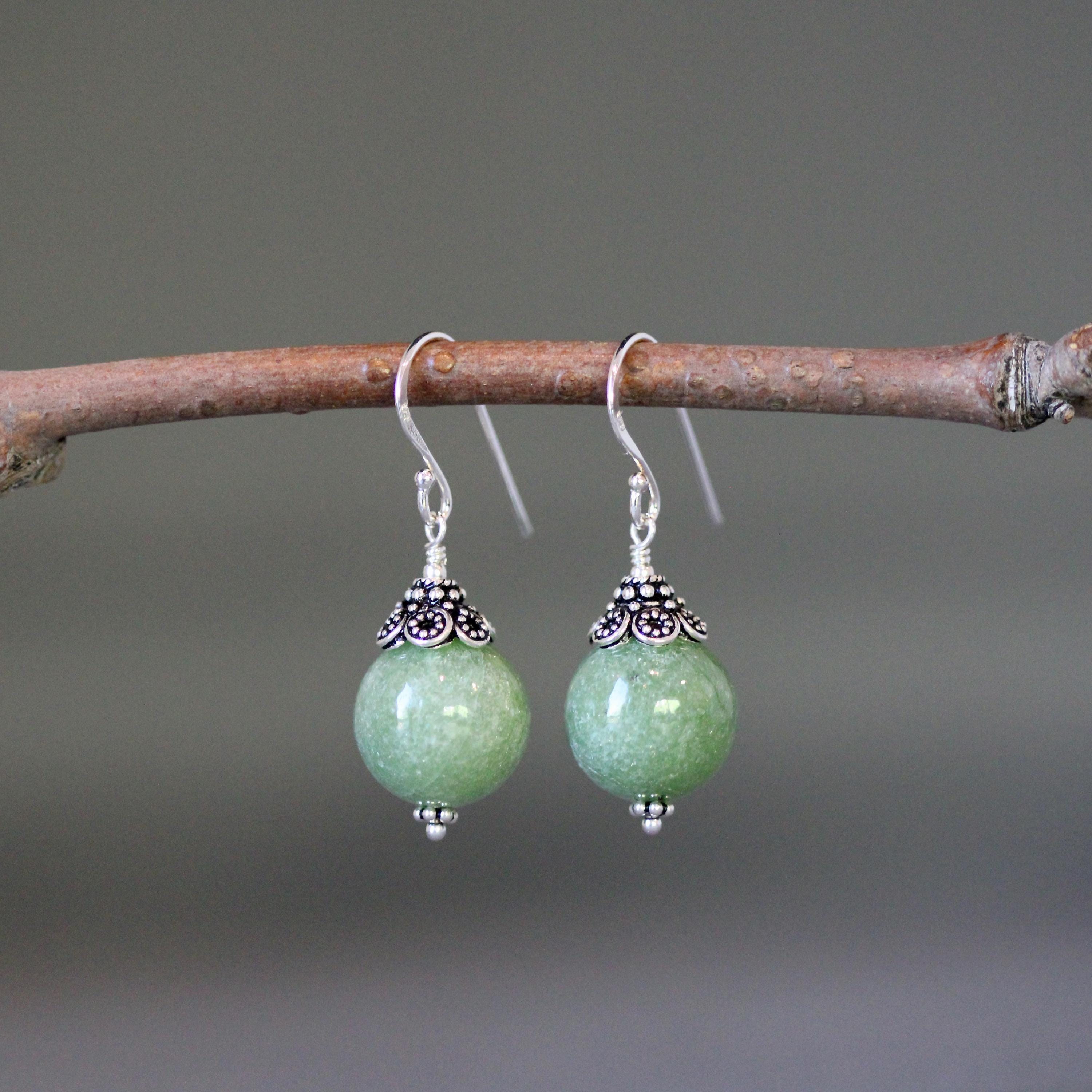 Green Jade Round Stone Dangle Earrings with Sterling Silver Caps