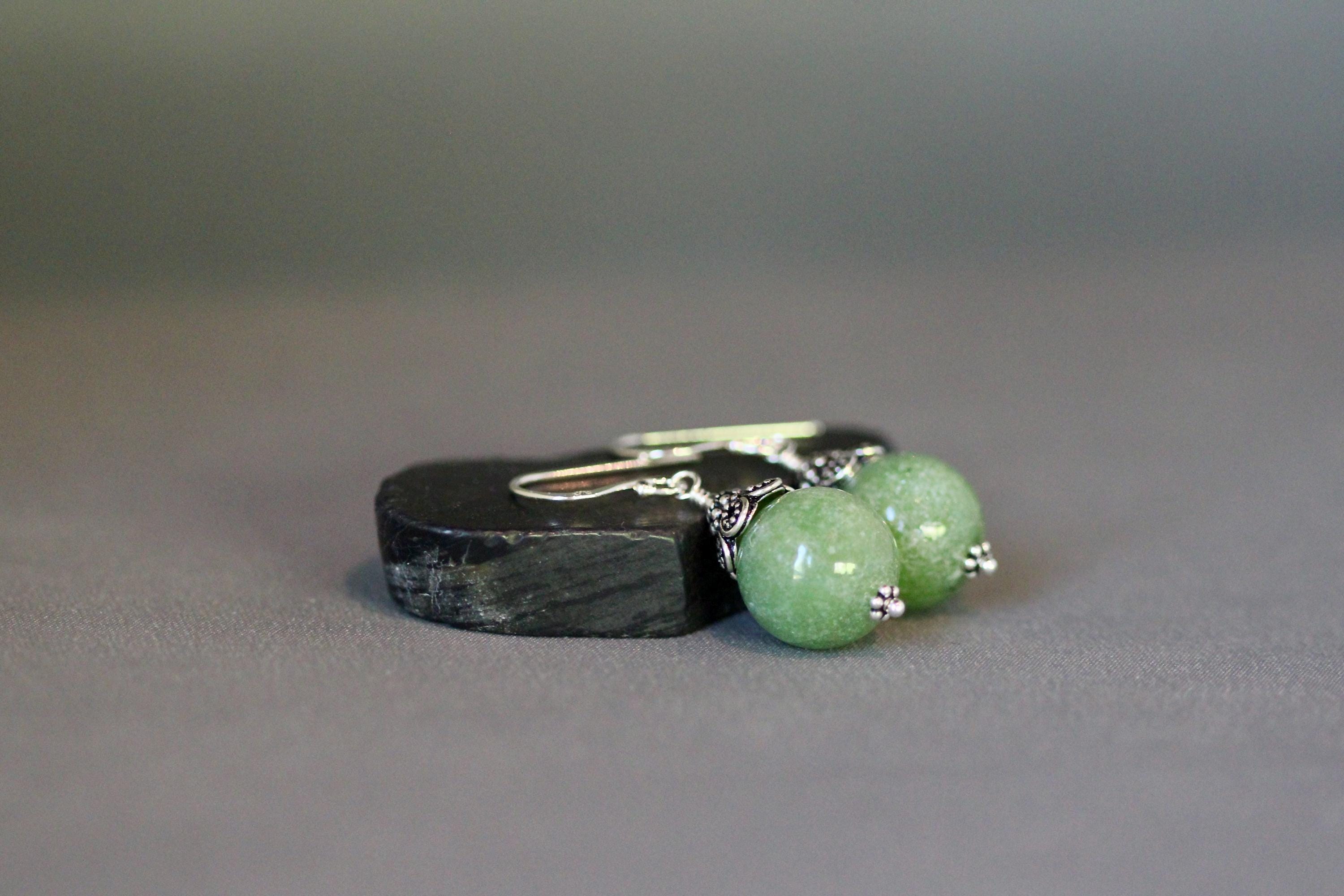 Green Jade Round Stone Dangle Earrings with Sterling Silver Caps