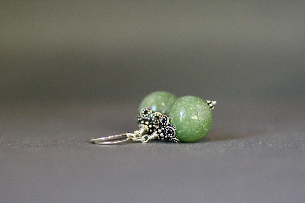 Green Jade Round Stone Dangle Earrings with Sterling Silver Caps