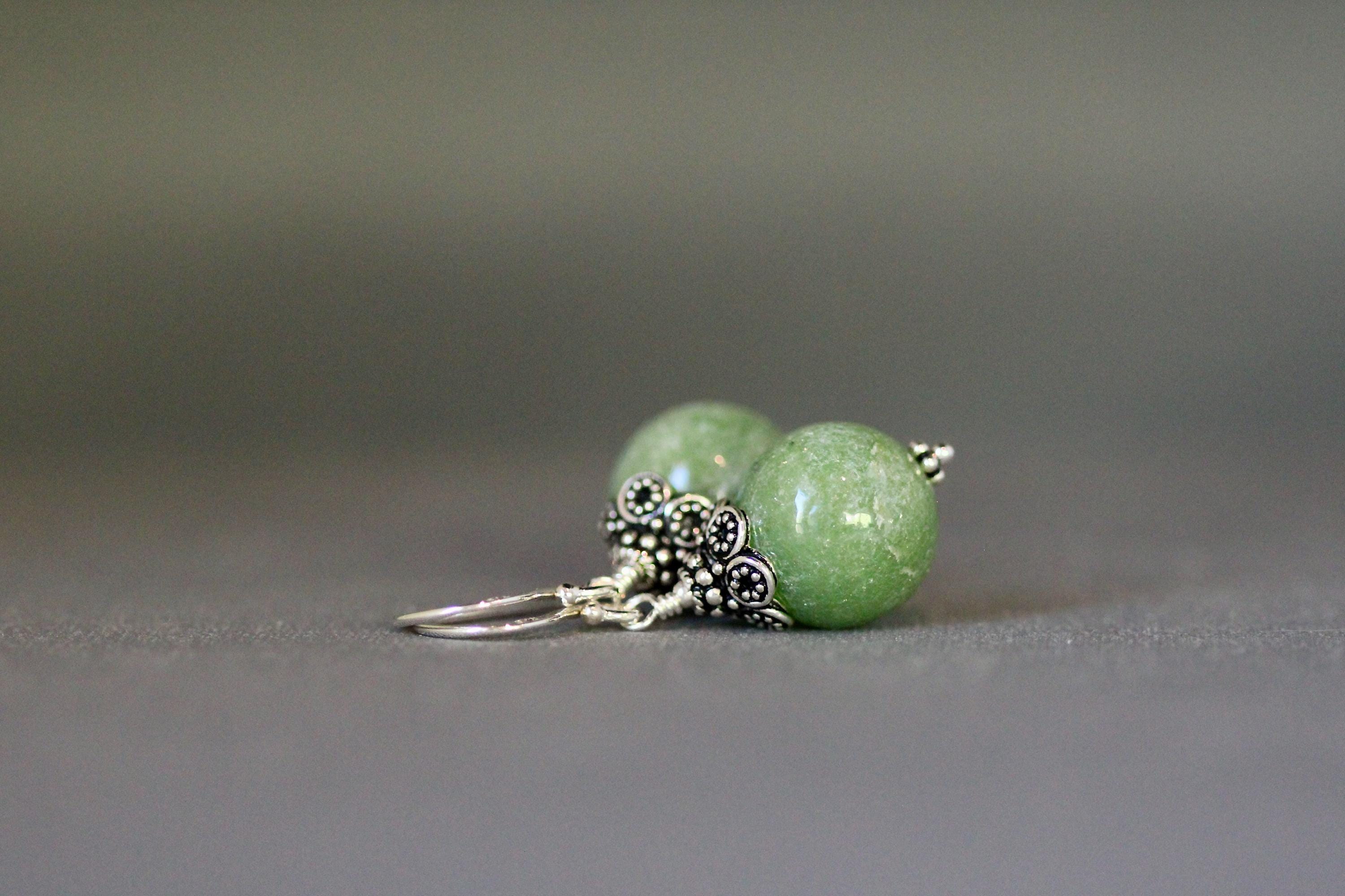 Green Jade Round Stone Dangle Earrings with Sterling Silver Caps