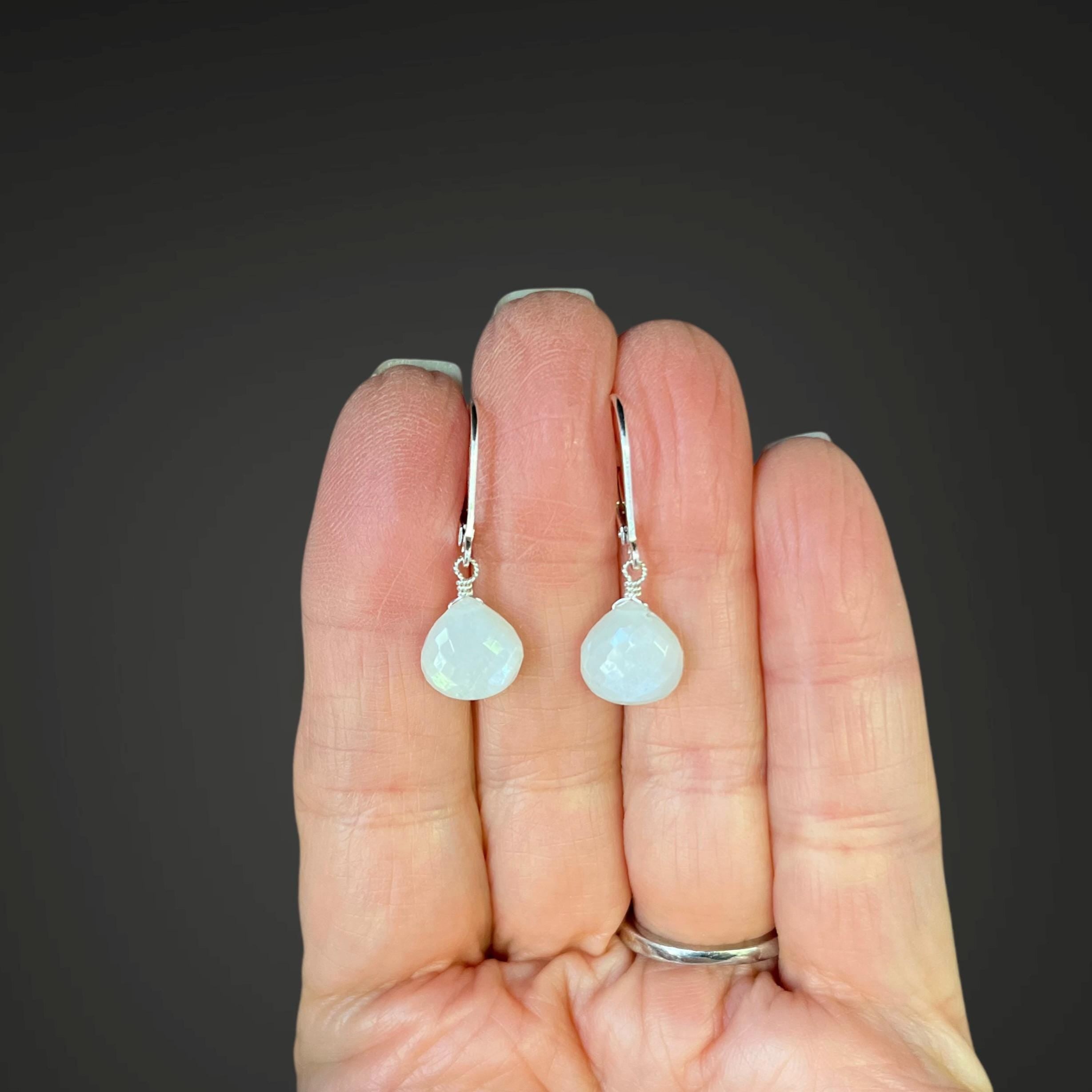 White Moonstone Teardrop Earrings on Sterling Silver Leverbacks