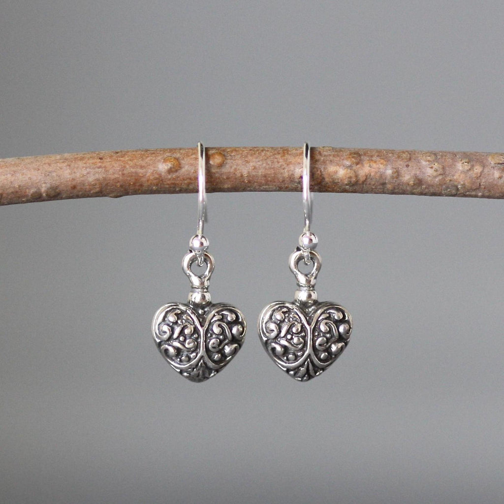 Bali Sterling Silver Raised Heart Charm Dangle Earrings