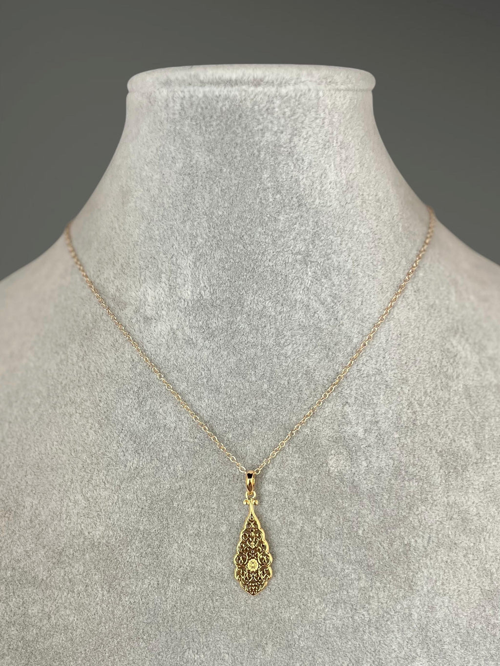 Gold Vermeil Filigree Teardrop Pendant Necklace on Gold Filled Chain