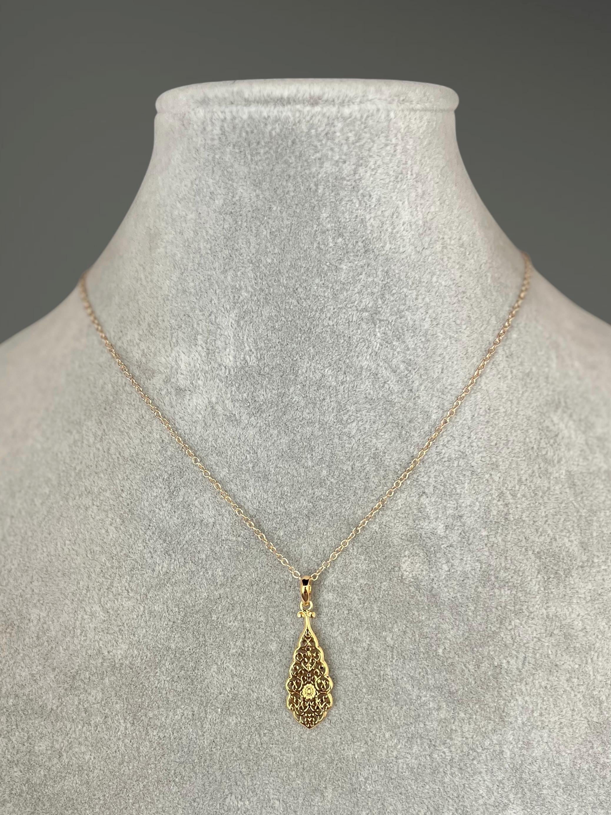 Gold Vermeil Filigree Teardrop Pendant Necklace on Gold Filled Chain