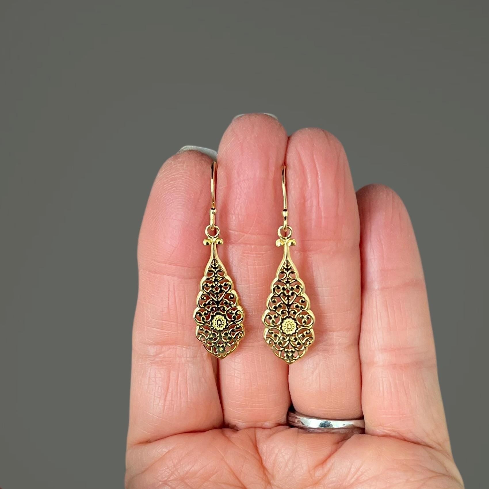 Long Gold Vermeil Filigree Teardrop Dangle Earrings