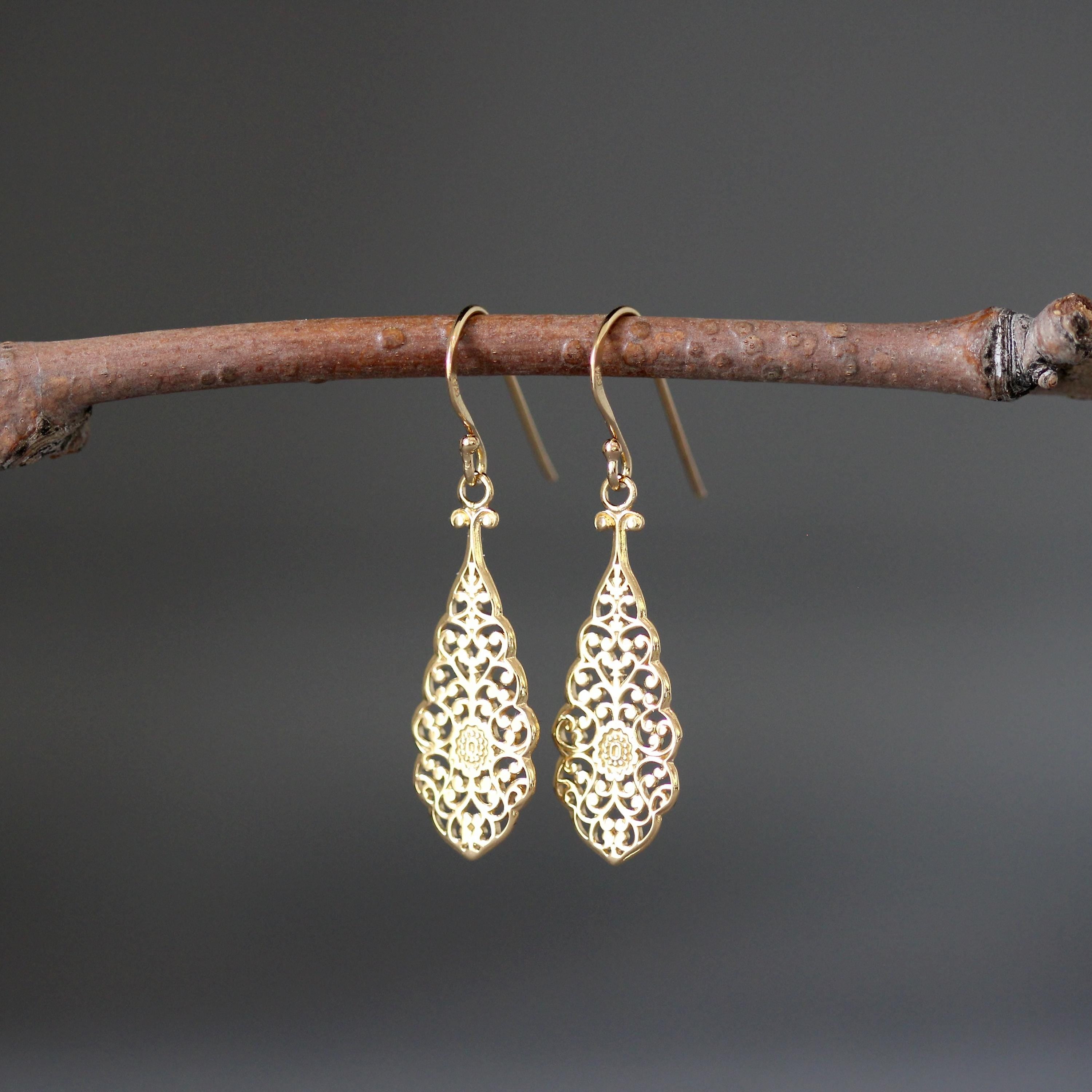 Long Gold Vermeil Filigree Teardrop Dangle Earrings