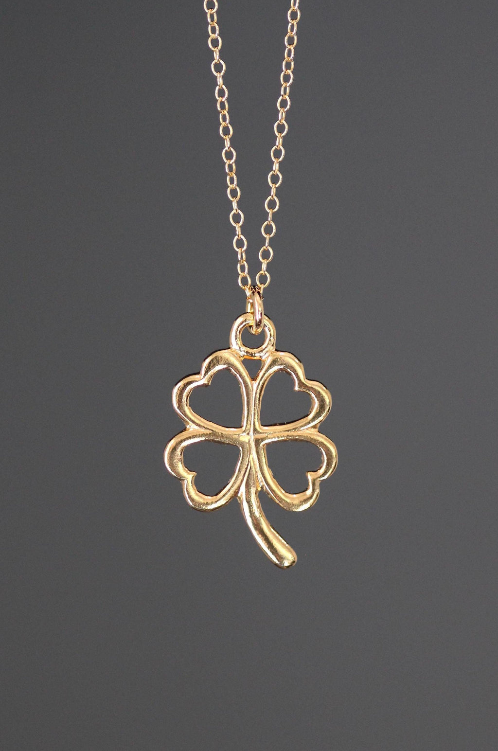 Gold Vermeil Four-Leaf Clover and Heart Charm Pendant Necklace on Gold Filled Chain