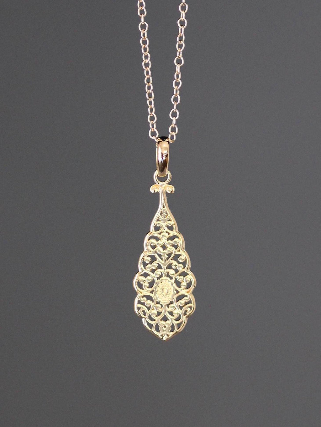 Gold Vermeil Filigree Teardrop Pendant Necklace on Gold Filled Chain