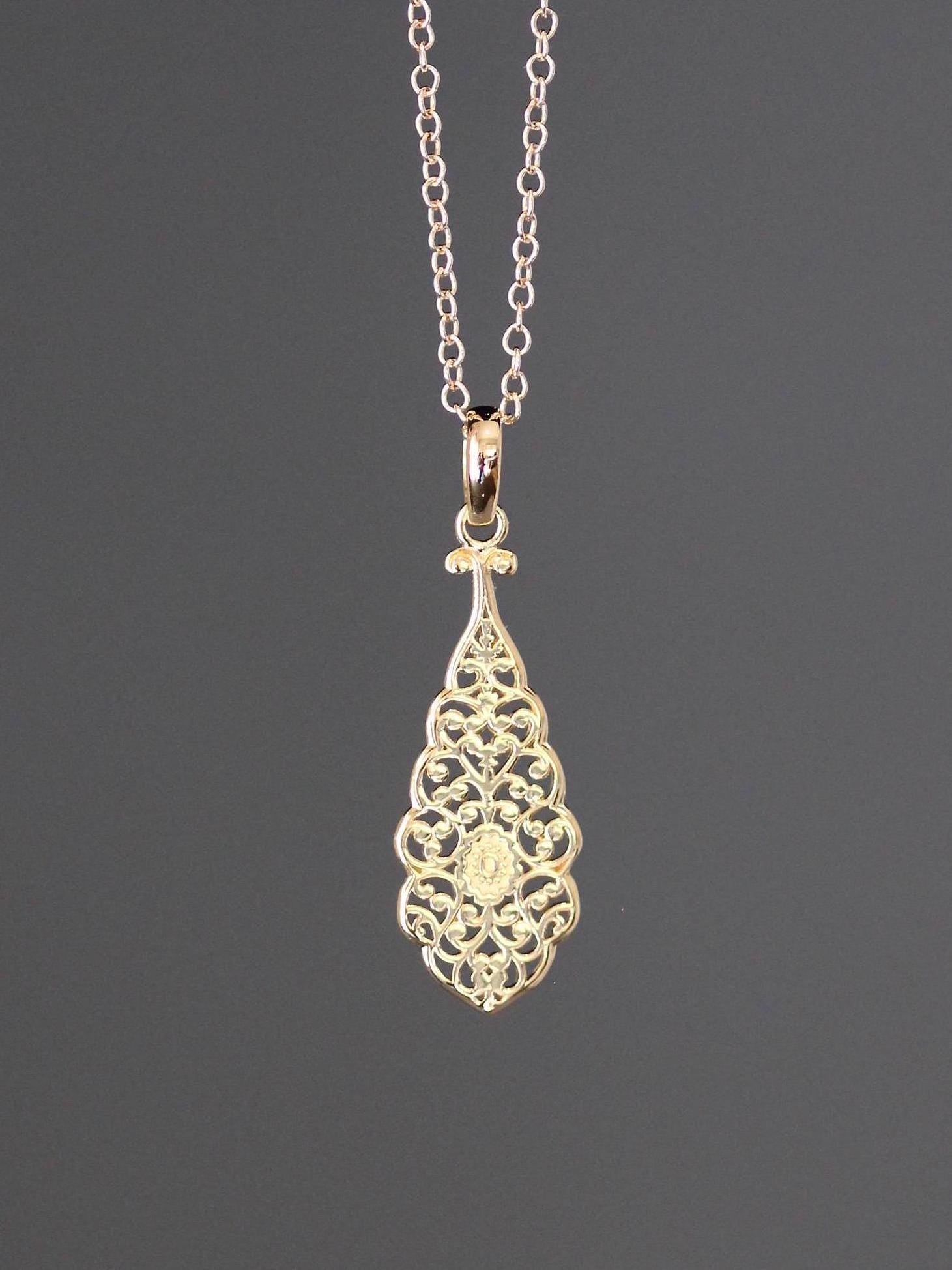 Gold Vermeil Filigree Teardrop Pendant Necklace on Gold Filled Chain