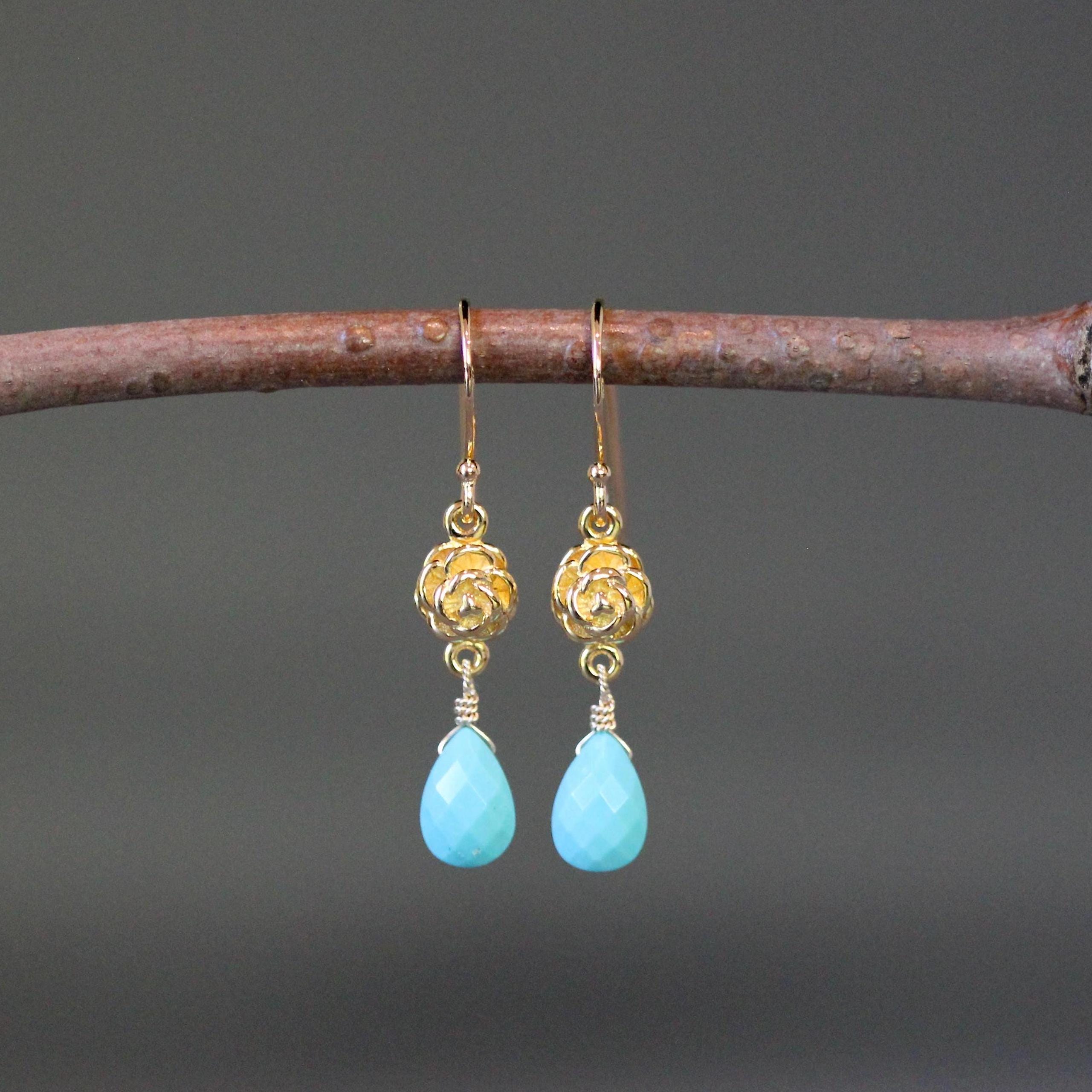 Blue Turquoise Teardrop Earrings on Gold Vermeil Flower Links