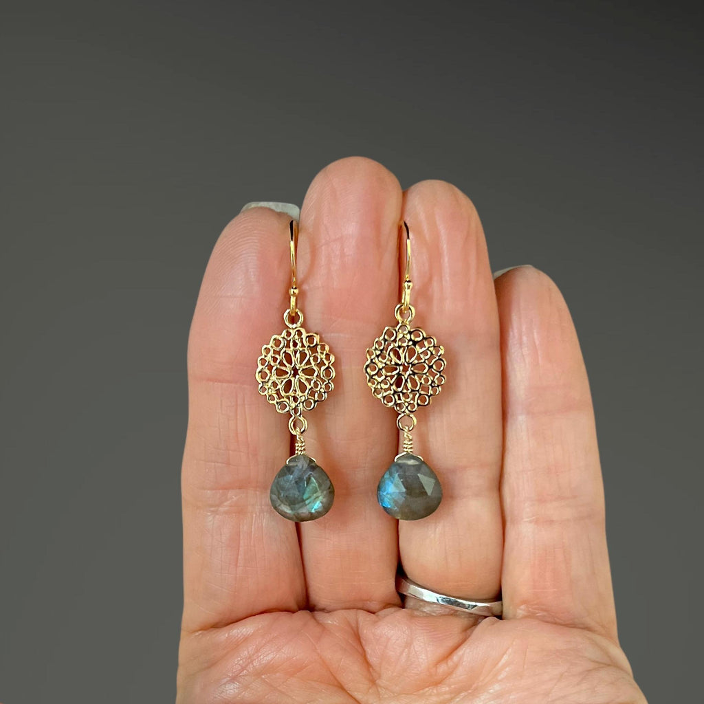 Labradorite Teardrop Earrings on Gold Vermeil Filigree Links