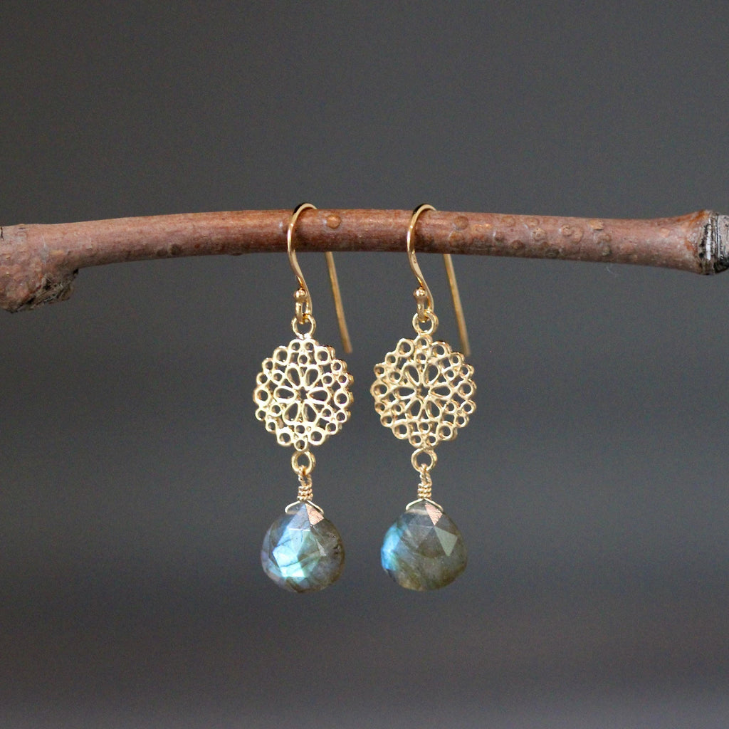 Labradorite Teardrop Earrings on Gold Vermeil Filigree Links