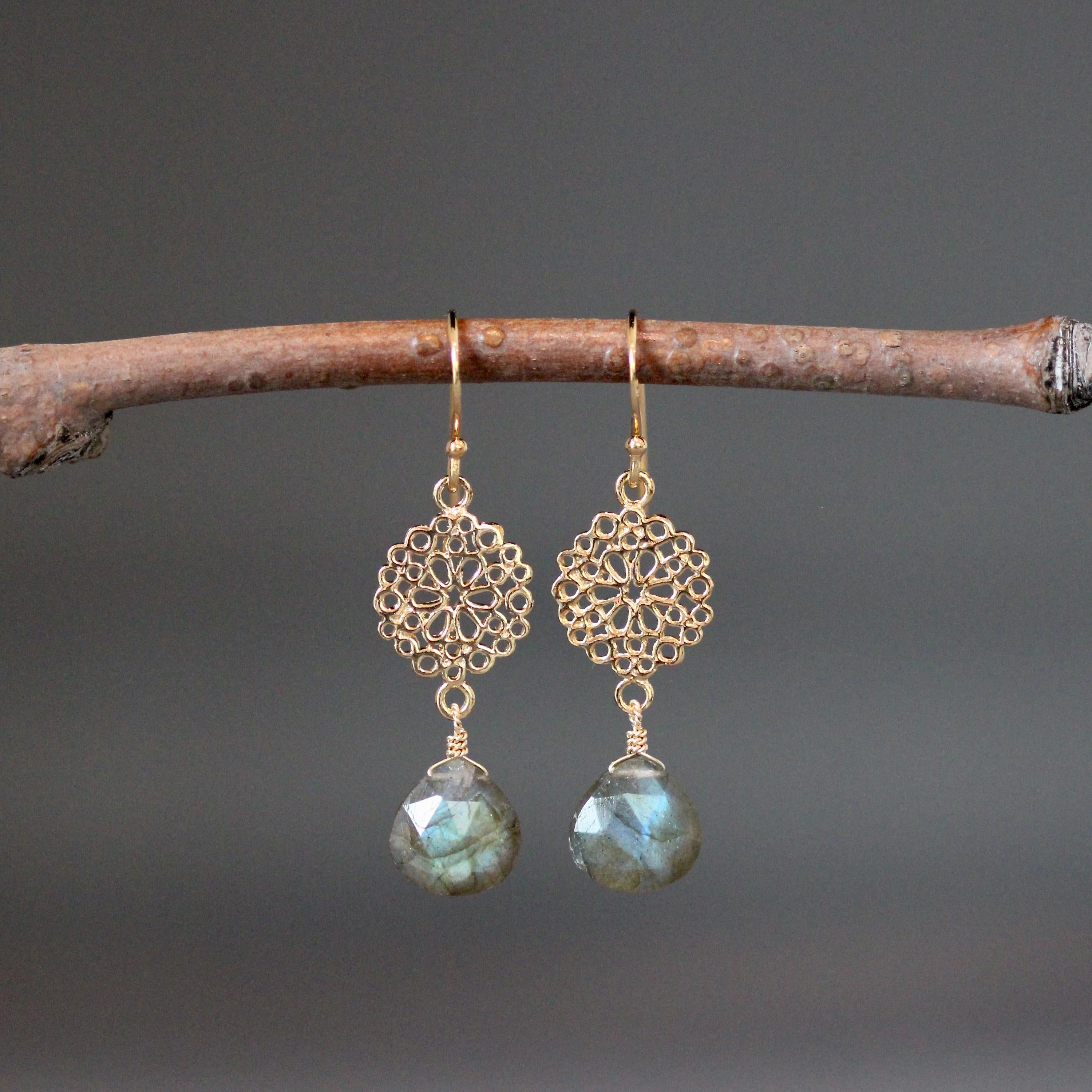 Labradorite Teardrop Earrings on Gold Vermeil Filigree Links