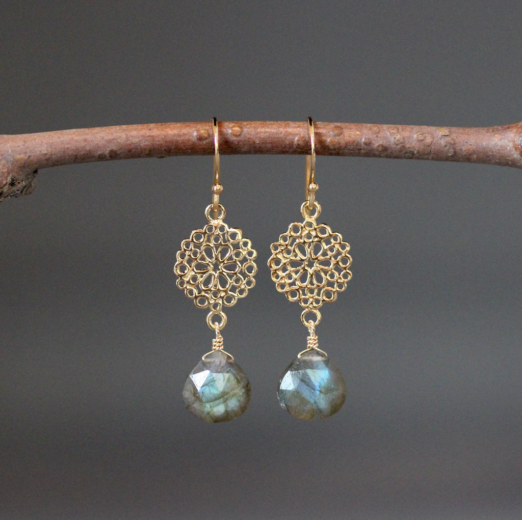 Labradorite Teardrop Earrings on Gold Vermeil Filigree Links