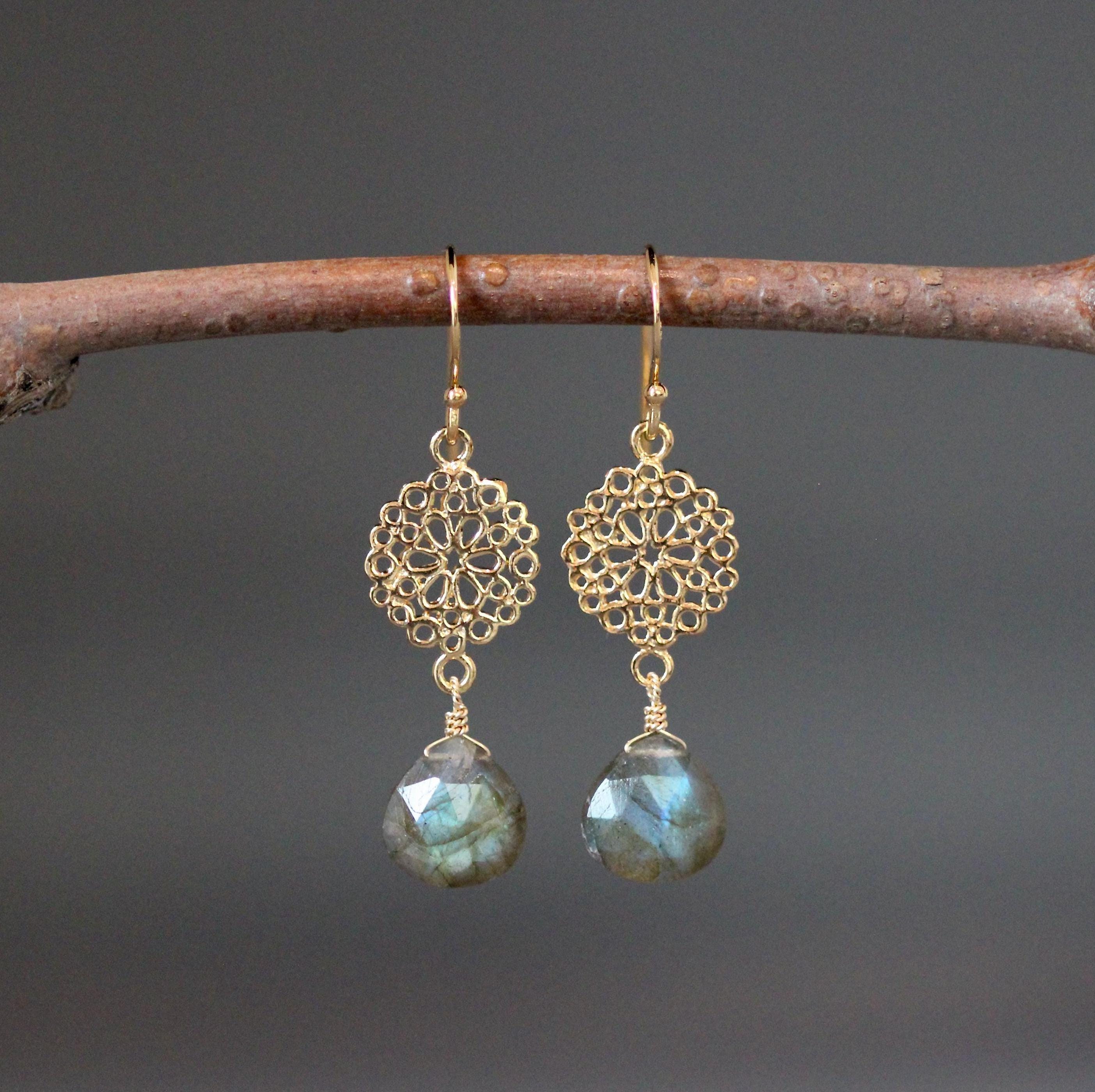 Labradorite Teardrop Earrings on Gold Vermeil Filigree Links