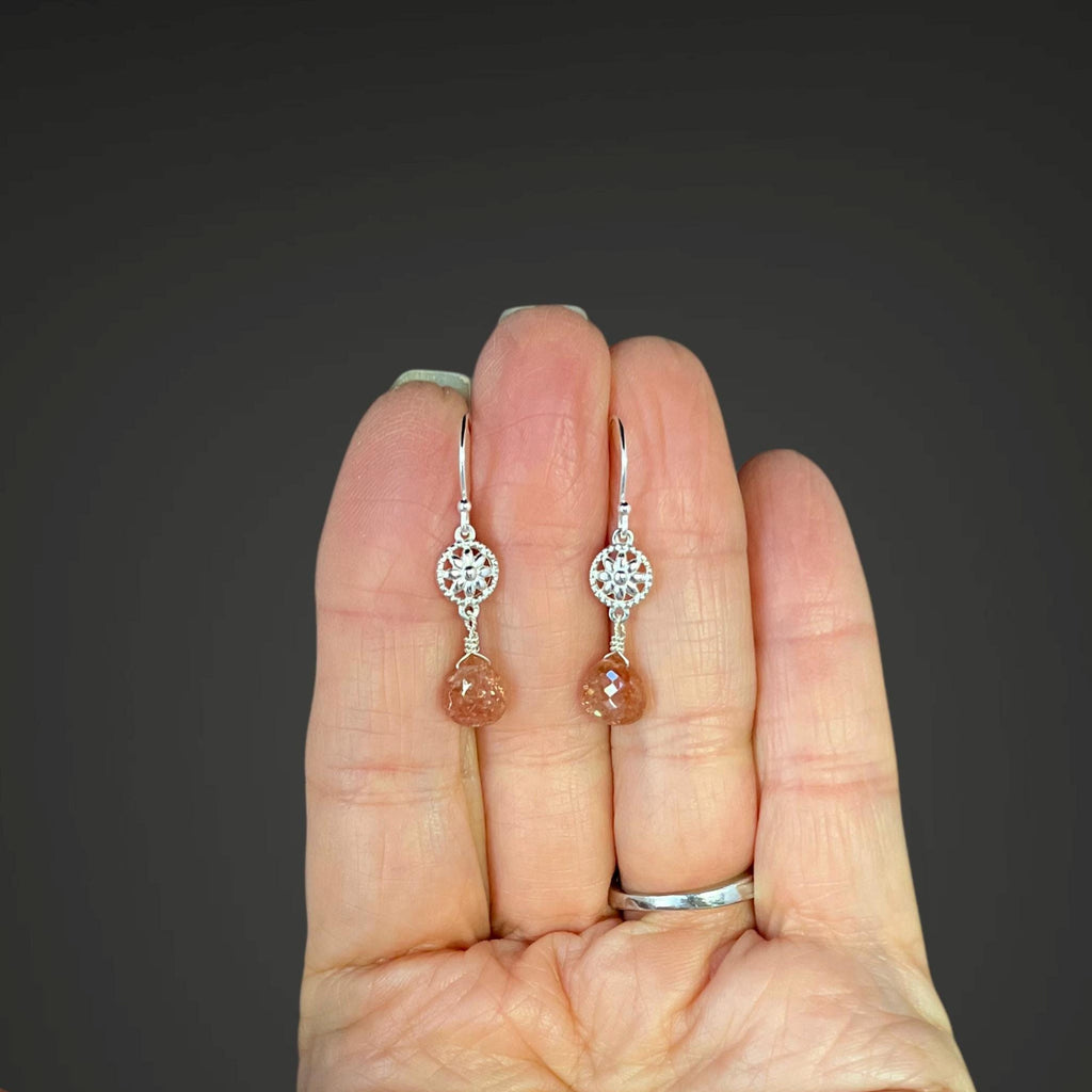 Sunstone Teardrop Dangle Earrings on Bali Silver Flower Links
