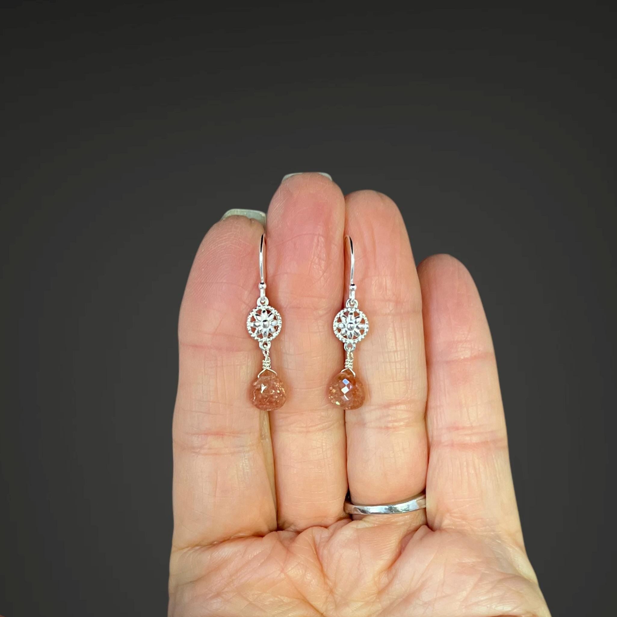 Sunstone Teardrop Dangle Earrings on Bali Silver Flower Links