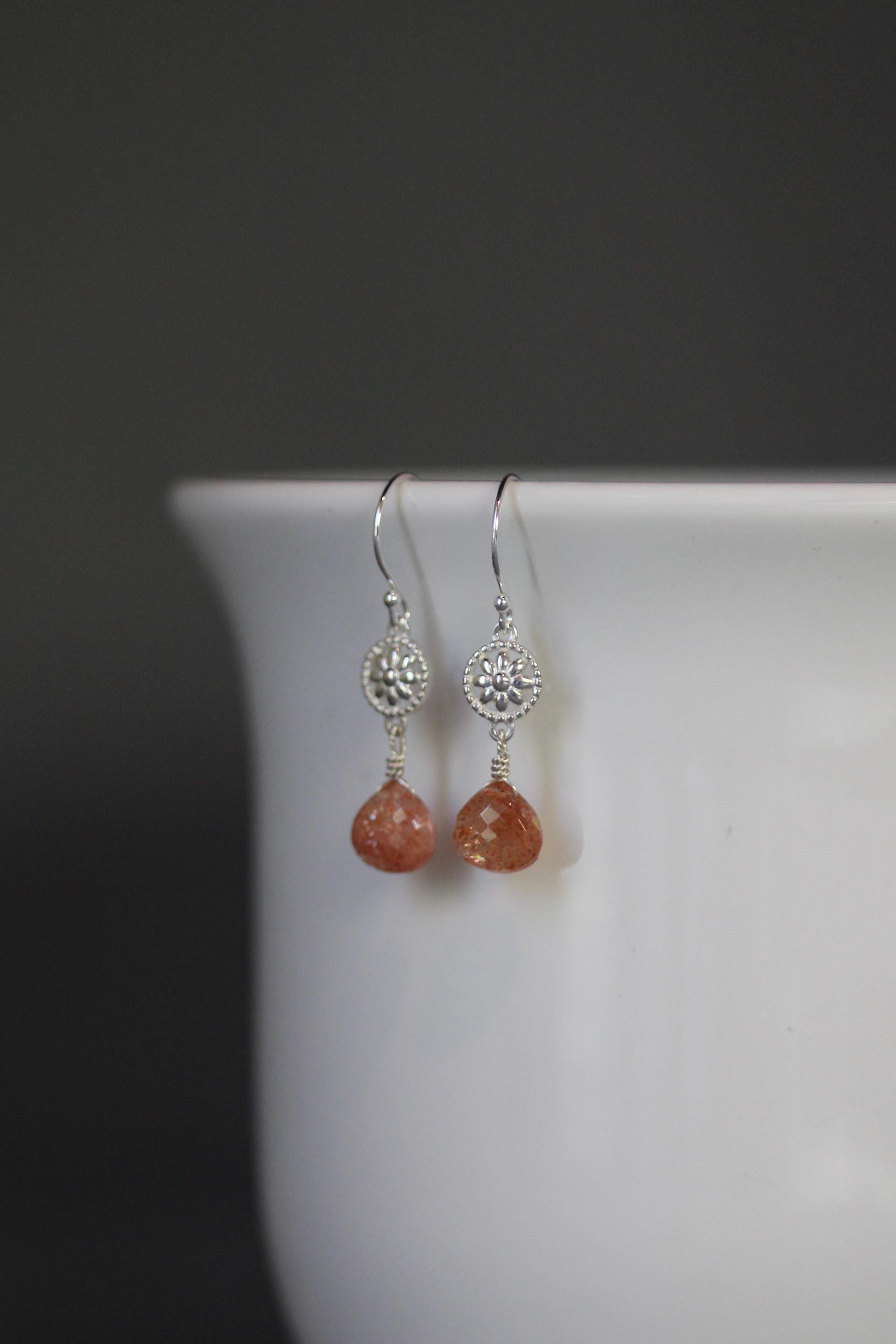 Sunstone Teardrop Dangle Earrings on Bali Silver Flower Links