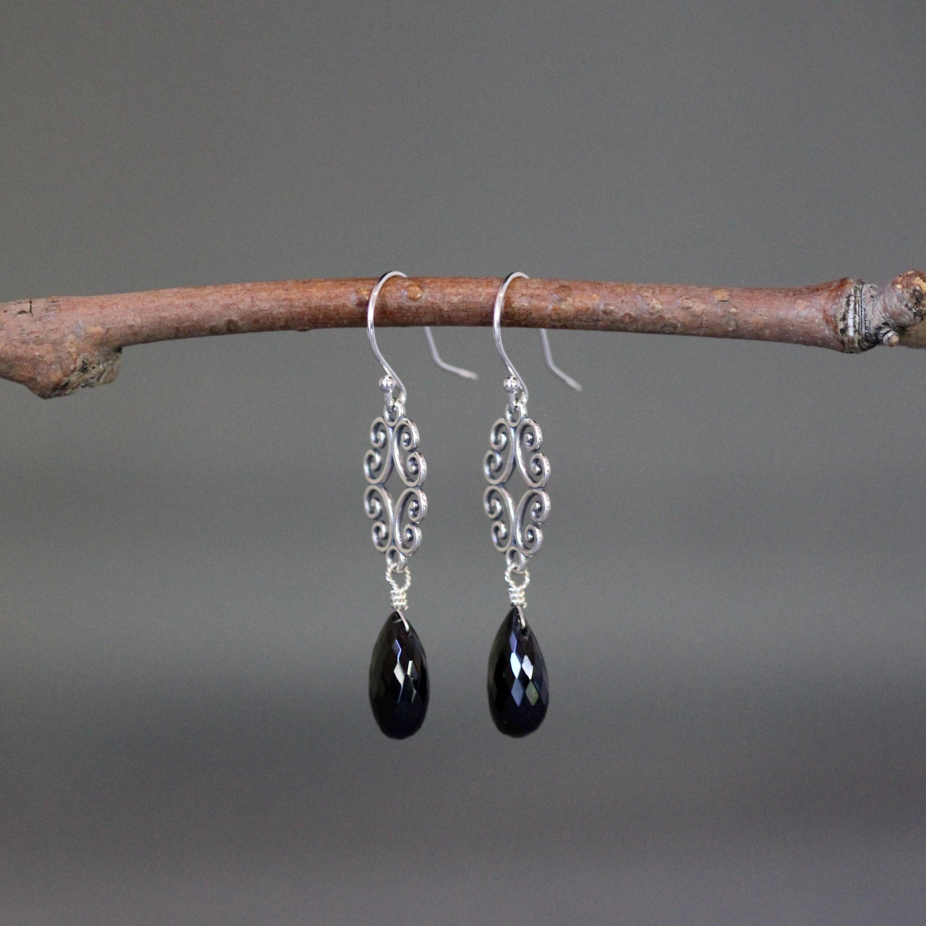 Black Spinel Teardrop Earrings on Bali Sterling Silver Filigree Links