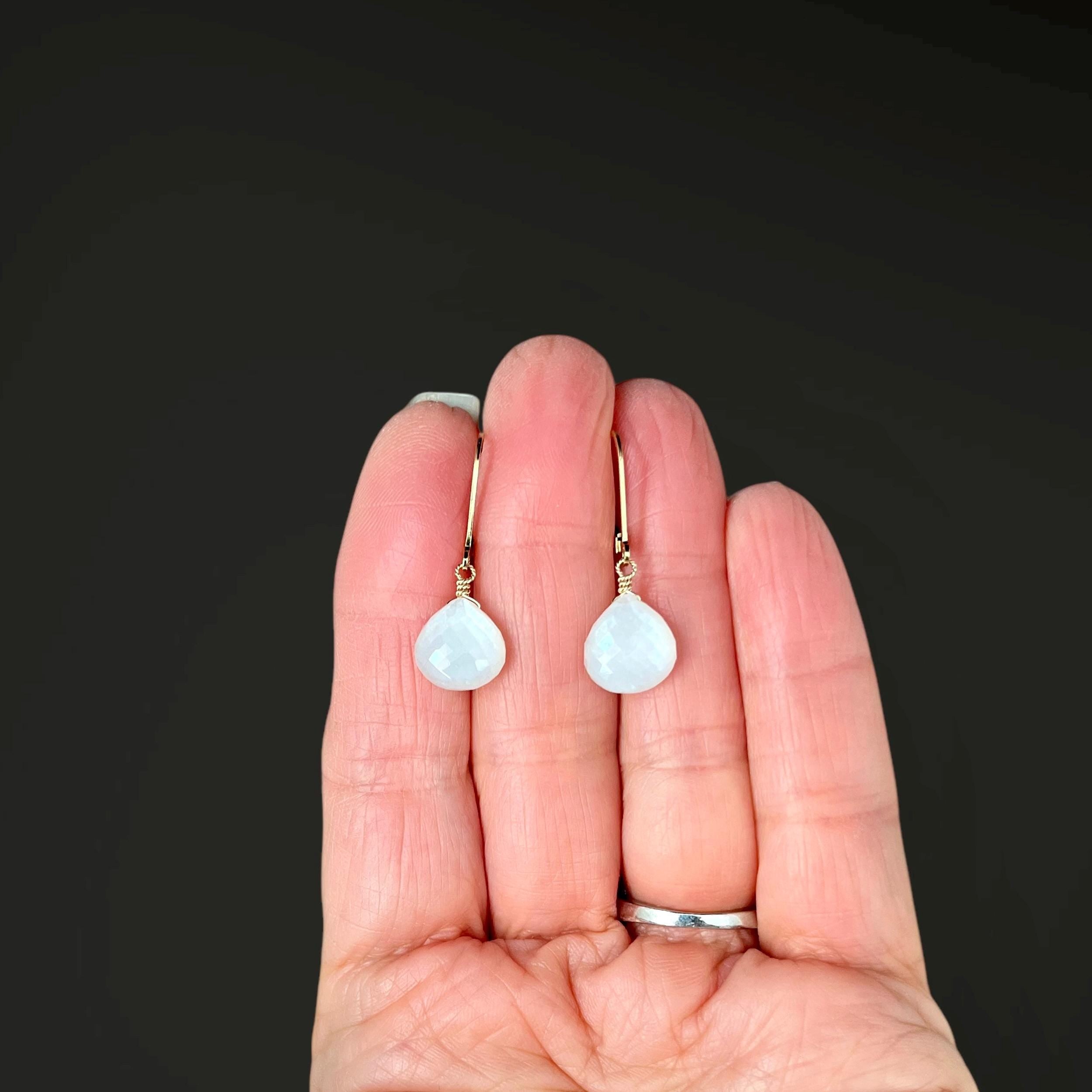 White Moonstone Teardrop Earrings on Gold Filled Leverbacks
