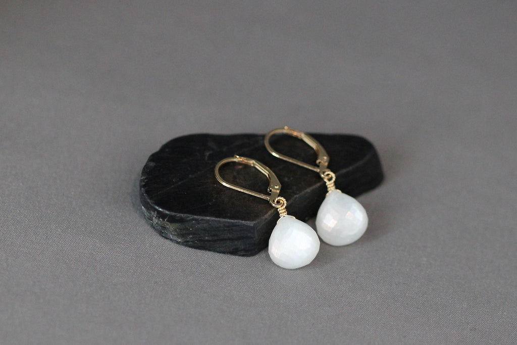 White Moonstone Teardrop Earrings on Gold Filled Leverbacks