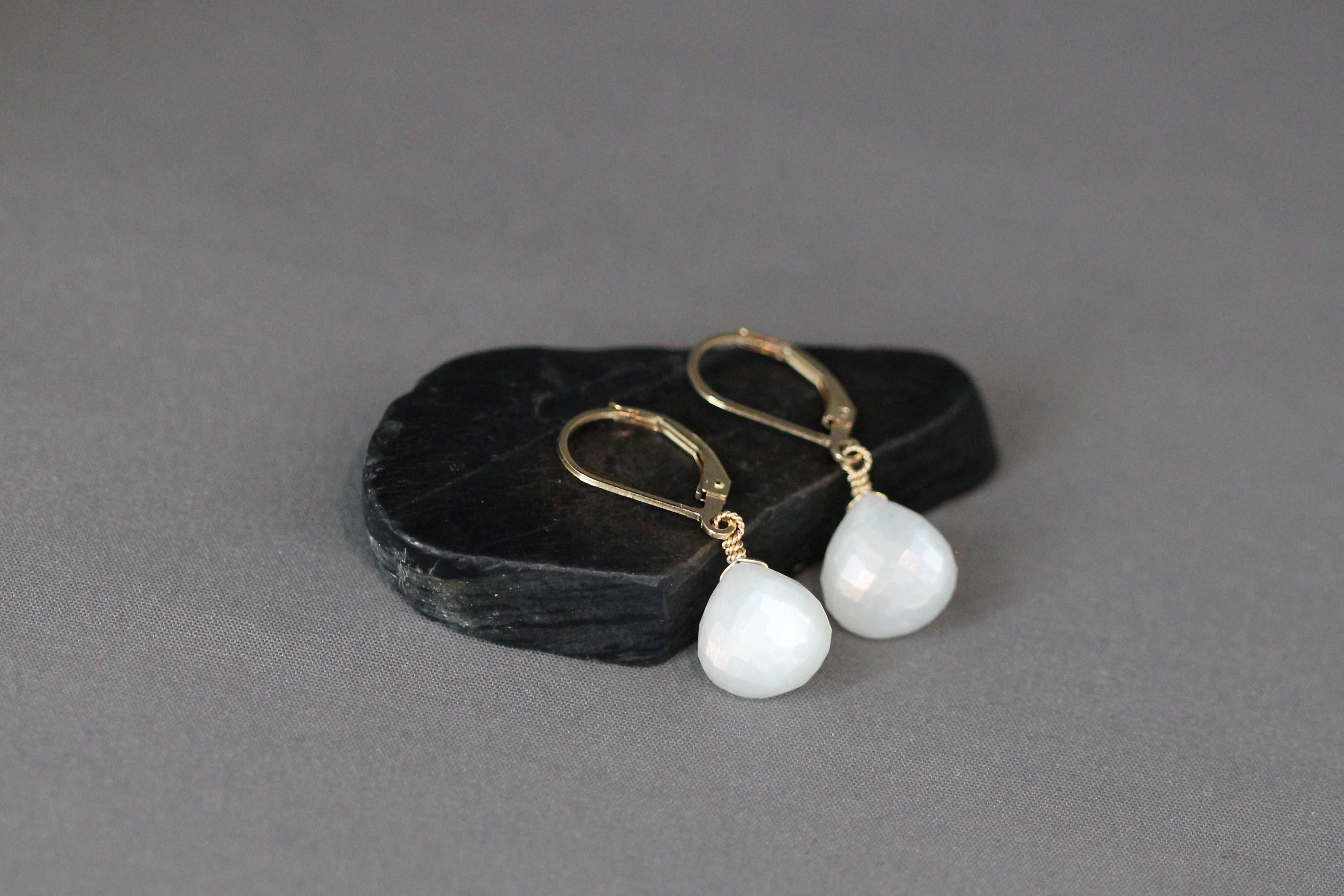 White Moonstone Teardrop Earrings on Gold Filled Leverbacks